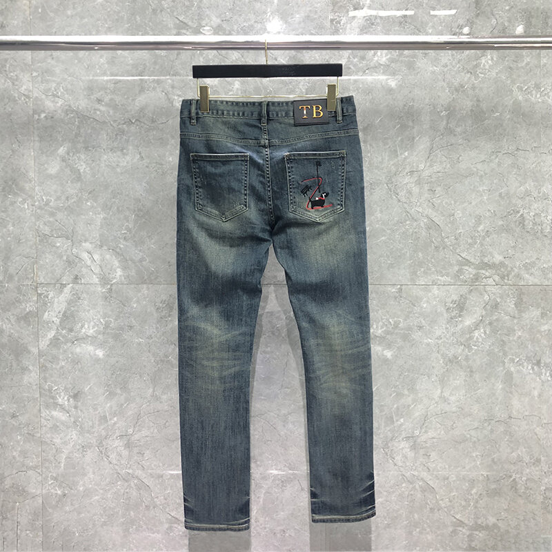 Tb thom neue Jeans Männer vier Jahreszeiten gestreiftes Design gerade reguläre Stretch-Jeans hose dunkelblaue Wash Design Herren jeans