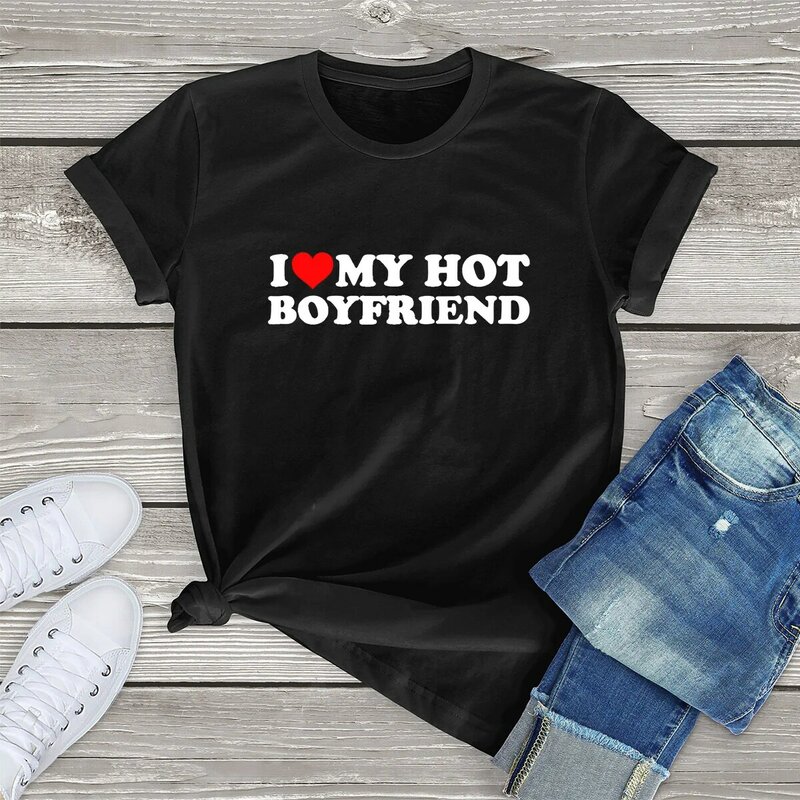 T-Shirt Vintage pour homme et femme, Streetwear, décontracté et humoristique, avec image de Couple, I Love My Hot boyfriend, cadeau