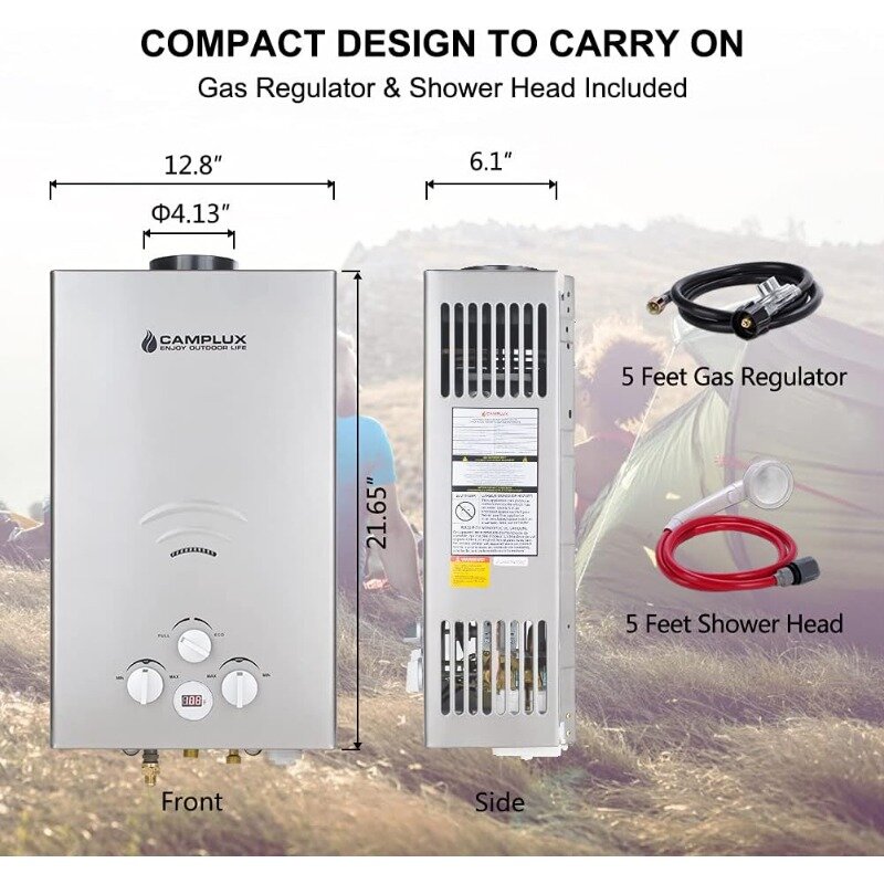 Tankless Water Heater, Camplux Outdoor Portable Propane Gas Tankless Water Heater for Camping Showers, 2.64 GPM, Gray