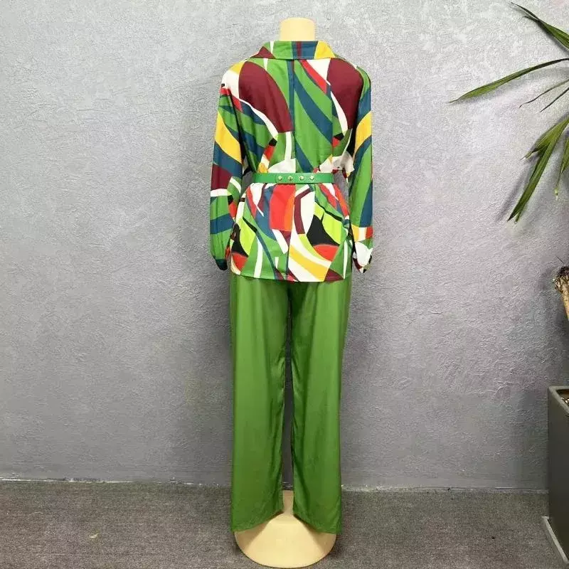 Conjunto de ropa Africana elegante para mujer, Top de manga larga con cuello en V, pantalón largo estampado, conjuntos a juego, Otoño, 2 piezas