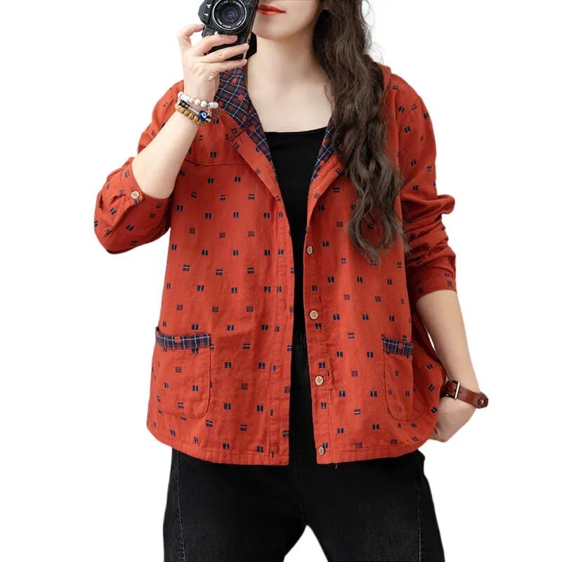 New 2022 Spring Autumn Cotton And Linen Coat Women's Literary Retro Hooded Linen Top Casual Printing Jacket Outerwear Female