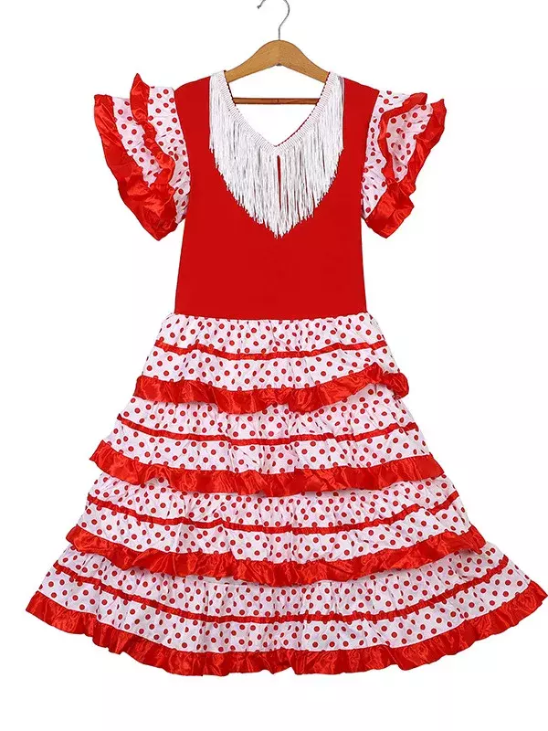 女の子のスペインのフラミンコダンスドレス、ハロウィーンの衣装、マイクフェスティバル、伝統的なカーニバルのパフォーマンス、april
