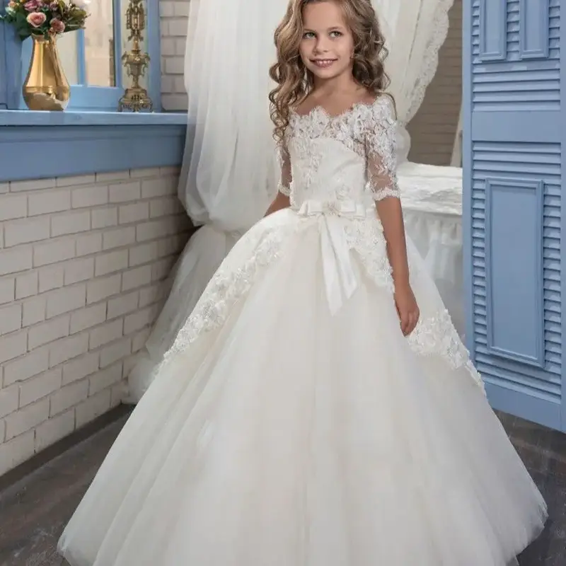 Бальное платье с вырезом лодочкой, платья с коротким рукавом для девочек с цветами, платье принцессы с бантом, свадебное платье для первого причастия, наряды для конкурса