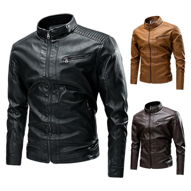 Jaqueta de couro falso de motocicleta masculina, gola, mangas compridas, bolsos, zíper, forro de lã, outono, inverno