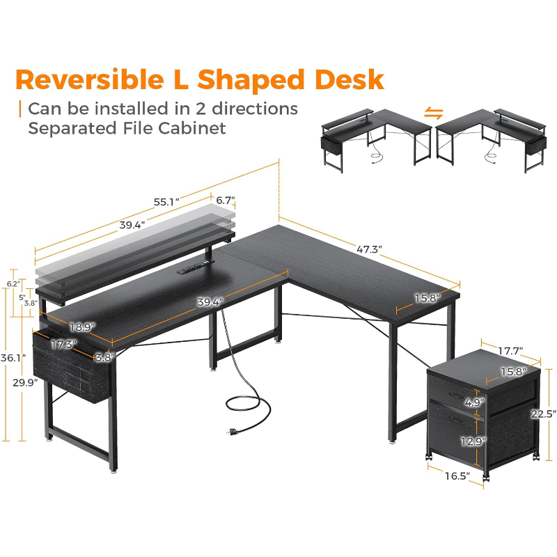 AODK L Shaped Computer Desk, 55" Office Desk with File Cabinet, Power Outlet and Adjustable Monitor Stand, Executive Home Office