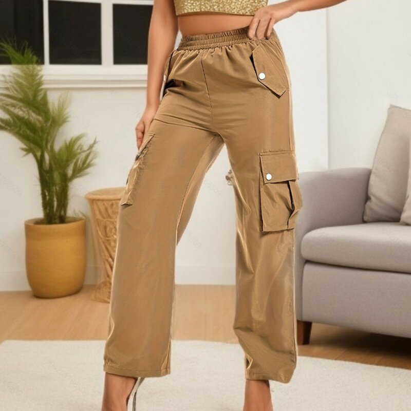 Summer Womens Vintage Grey Cargo Pants High Waist Wide Leg Jeans Baggy Casual Fashion Multiple Pockets Hip Hop Street Style