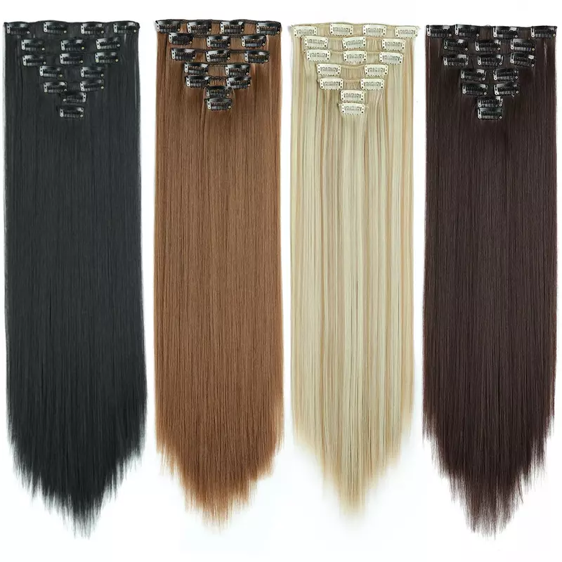 22Inchs 16 Clips in Hair Extensions Long Straight Hairstyle Synthetic Blonde Black Hairpieces Heat Resistant False Hair