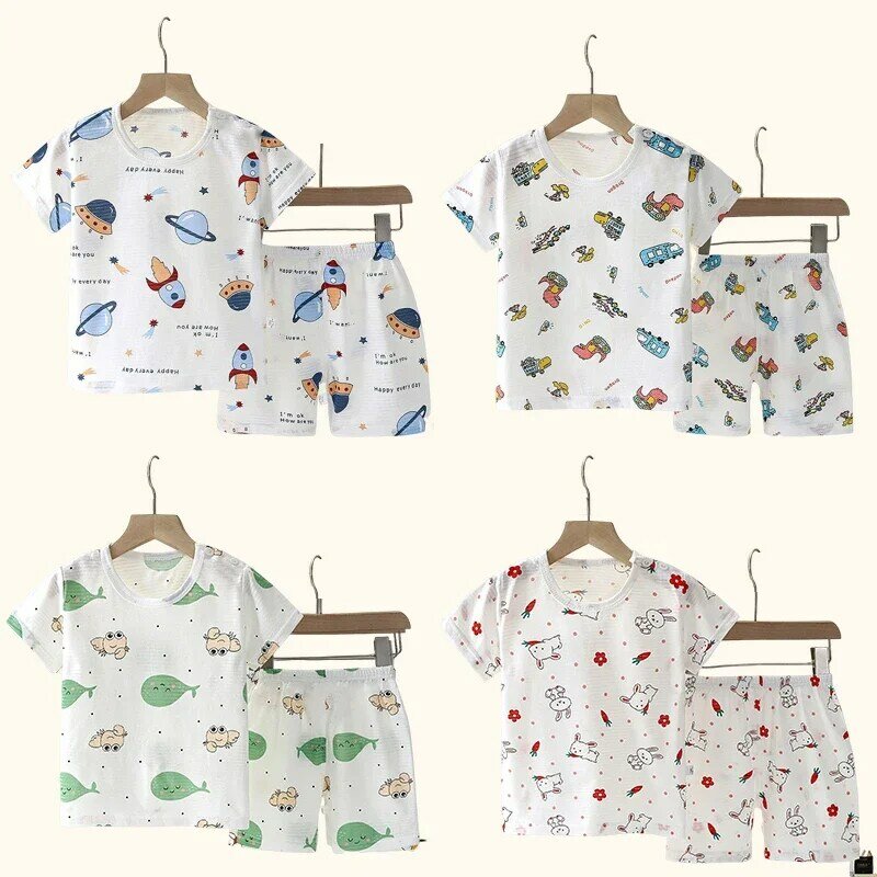Conjuntos de pijamas infantis de manga curta, roupas infantis, menino, menina, camiseta, shorts, terno de algodão, roupas de verão