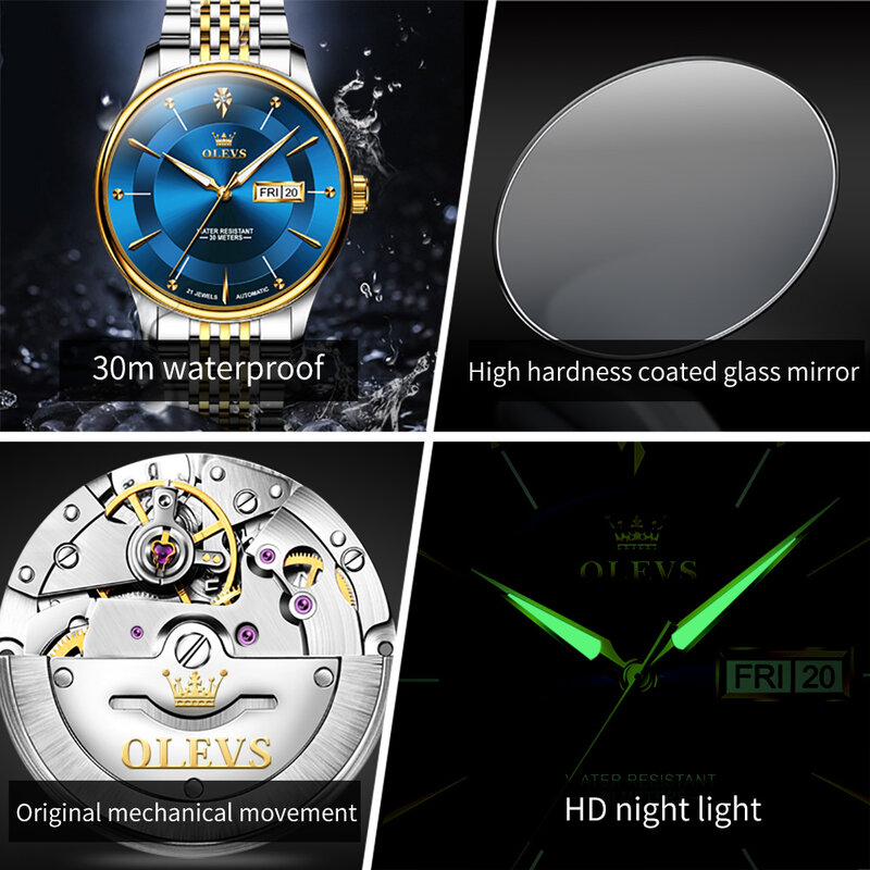 OLEVS 브랜드 패션 자동 기계식 시계, 남성용 럭셔리 스테인레스 스틸 방수 스포츠 손목시계, 블루
