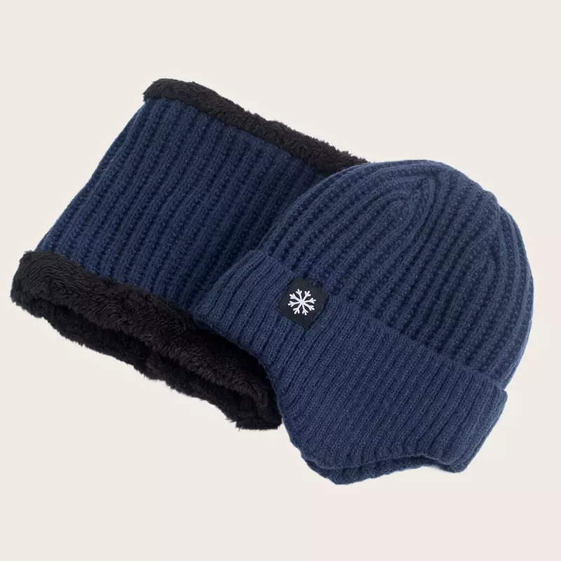Conjunto cachecol chapéu e pescoço para homens e mulheres, etiqueta floco de neve, boné térmico, forro de pelúcia, exterior, inverno, 2 peças