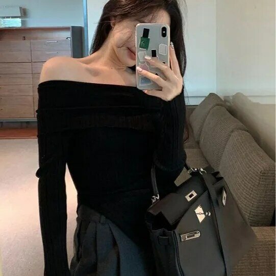 Sexy Hot Girl One Shoulder Spring Autumn Bottoming Women's Top Korean Style Slim Bottoming Personalized Top Women