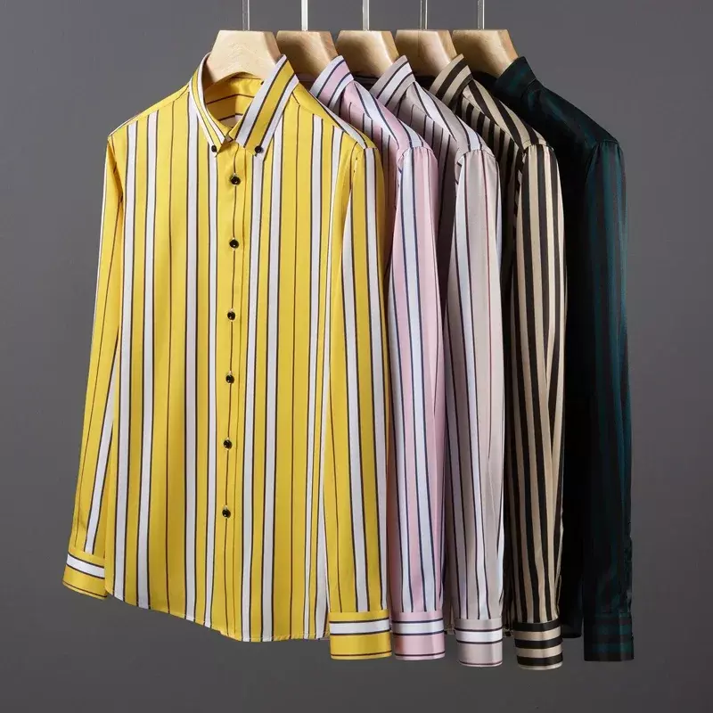 Camisas de vestir de manga larga para hombre, camisa de trabajo de negocios suave, elástica a rayas verticales, sin bolsillo, cómoda, de verano