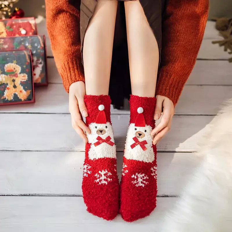 Calcetines de lana de coral de Navidad, medias de tubo medio, calcetines de dibujos animados para dormir, cálidos y gruesos