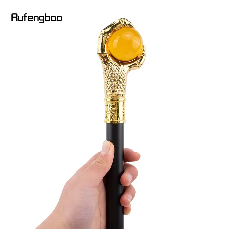 Dragon Claw Grijpen Oranje Glazen Bol Golden Walking Cane Mode Decoratieve Wandelstok Cosplay Rietknop Crosier 93Cm