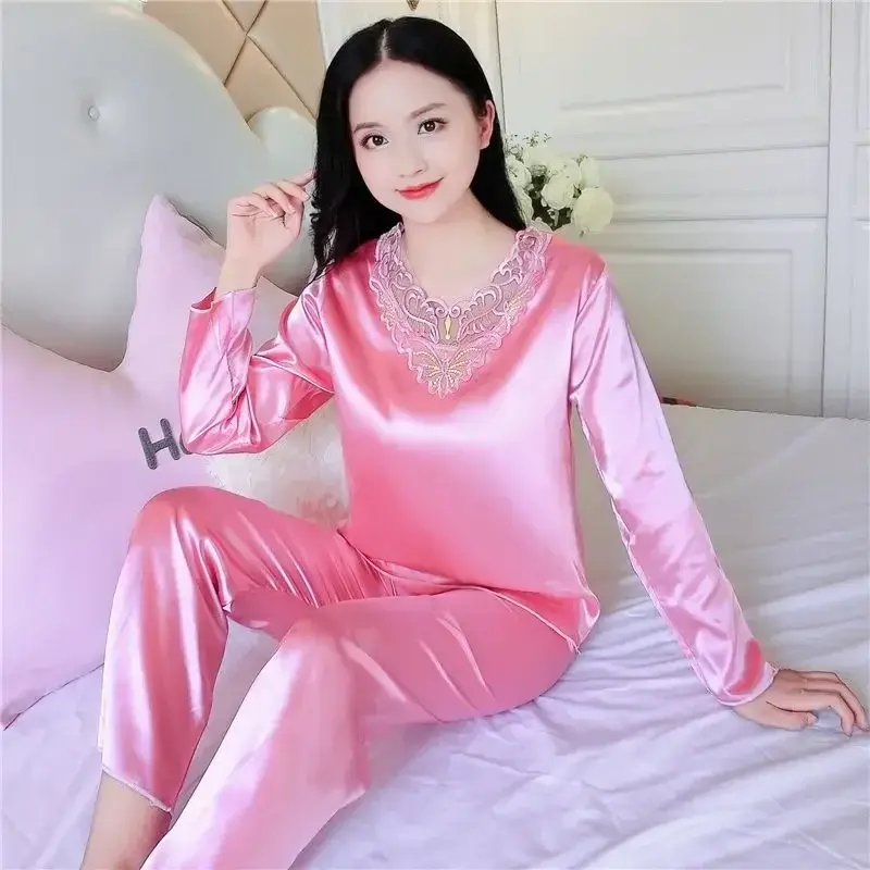 Large size pajamas for women, spring and autumn styles, ice silk thin style, sexy long sleeved home clothing set, summer