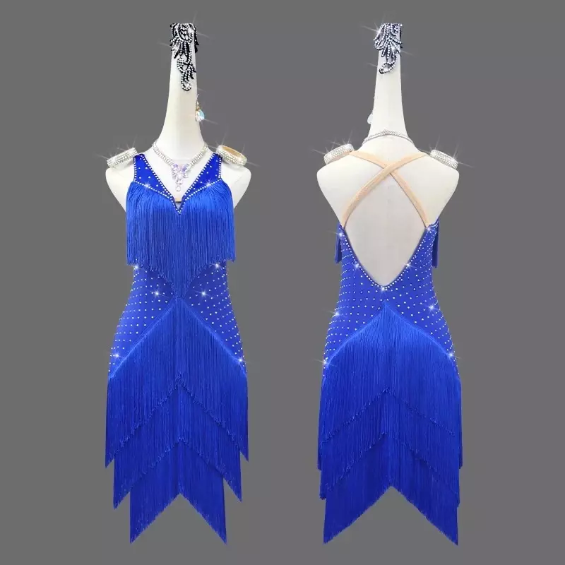 Damska sukienka do tańca latynoskiego niebieska odzież do ćwiczeń Dancewear z frędzlami spódnica balowa dziewczęca garnitur frędzel na bal konkurs kostium