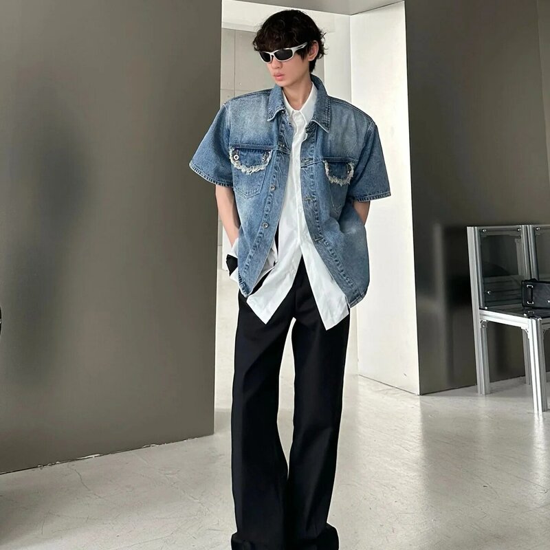 Kaus Denim lengan pendek pria, baju atasan gaya Korea tipis lengan setengah, mantel musim panas mewah 2024
