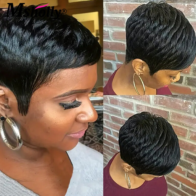 Short Pixie Cut Wigs Ready To Wear Glueless Human Hair Wigs Water Wave Cheap Full Machine Made Wigs For Black Women