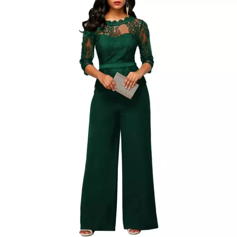 Wide Leg Casual Overalls Sexy Women O-neck Solid Lace Elegant Straight Party Jumpsuit Loose Rompers