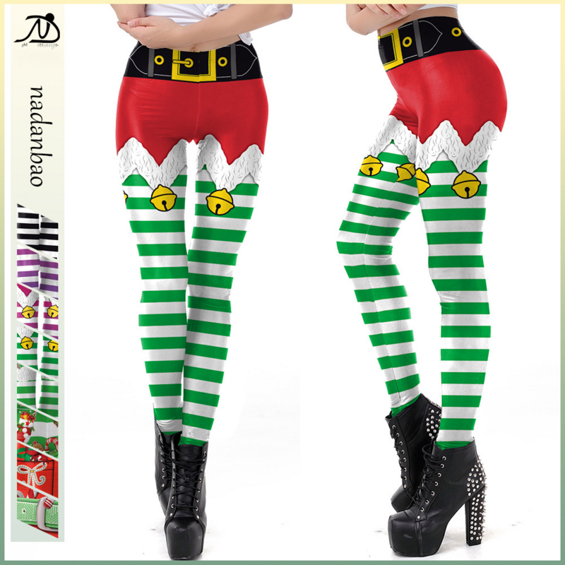 Nadanbao-pantalones de fiesta navideños para mujer, mallas con estampado de rayas verdes, medias elásticas de cintura media