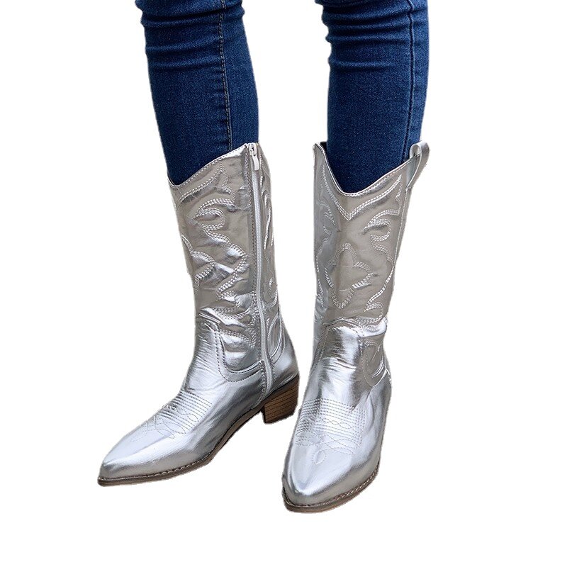 Mode Damen Cowboys tiefel Winter Damenschuhe Damen Pionted Toe Long Boots neue Chunky Heel Mid Calf Reitstiefel für Frauen