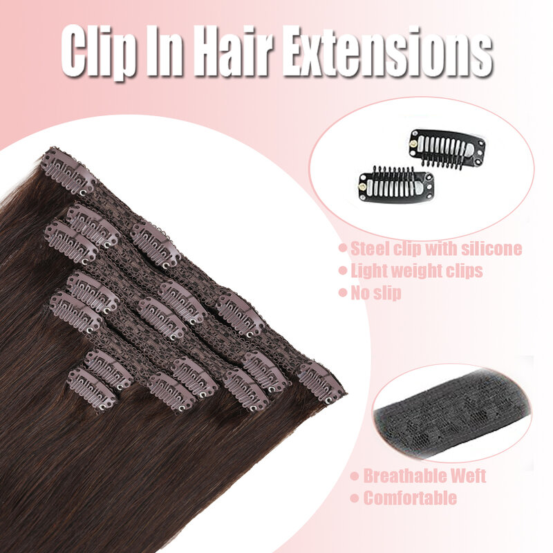 Extensions de cheveux humains à clipser sans couture, 100% cheveux humains, extensions artificielles, 7 pièces, 70g