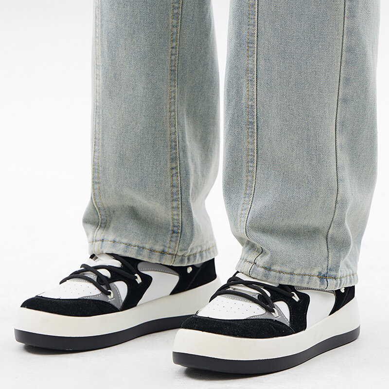 Celana jeans pria kasual warna polos, celana panjang longgar kaki lebar sederhana dan serbaguna dengan saku pinggang musim panas/semi