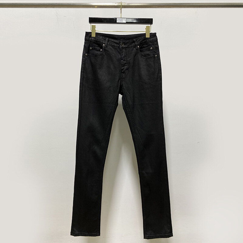 High Street Rick Pants Wax Coating Design pantaloni da uomo pantaloni sportivi in Denim pantaloni da donna Techwear abbigliamento da uomo