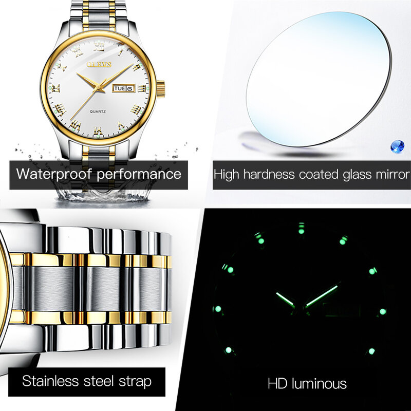OLEVS 오리지널 쿼츠 커플 시계, 럭셔리 스테인레스 스틸 시계, 방수 발광 듀얼 캘린더 손목 시계, 남녀 공용