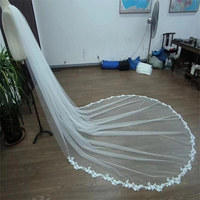 Real Photos Long Lace Appliques Wedding Veil White Ivory Cathedral 1 Layer Bridal Veil 3.5 Meters Bride Veil Wedding Accessories