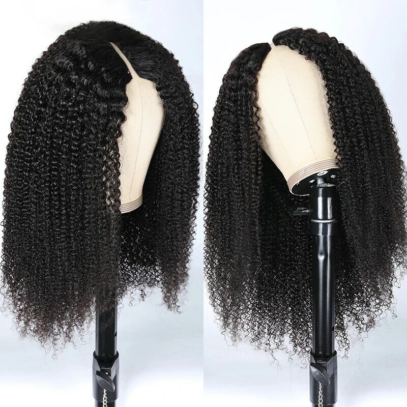 Peluca rizada Afro con parte en V para mujer, cabello humano sin pegamento, parte delgada, malayo, 250 de densidad