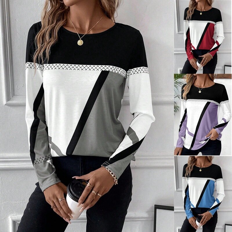 Jersey de cuello redondo con estampado geométrico para mujer, Camiseta holgada informal, Otoño e Invierno