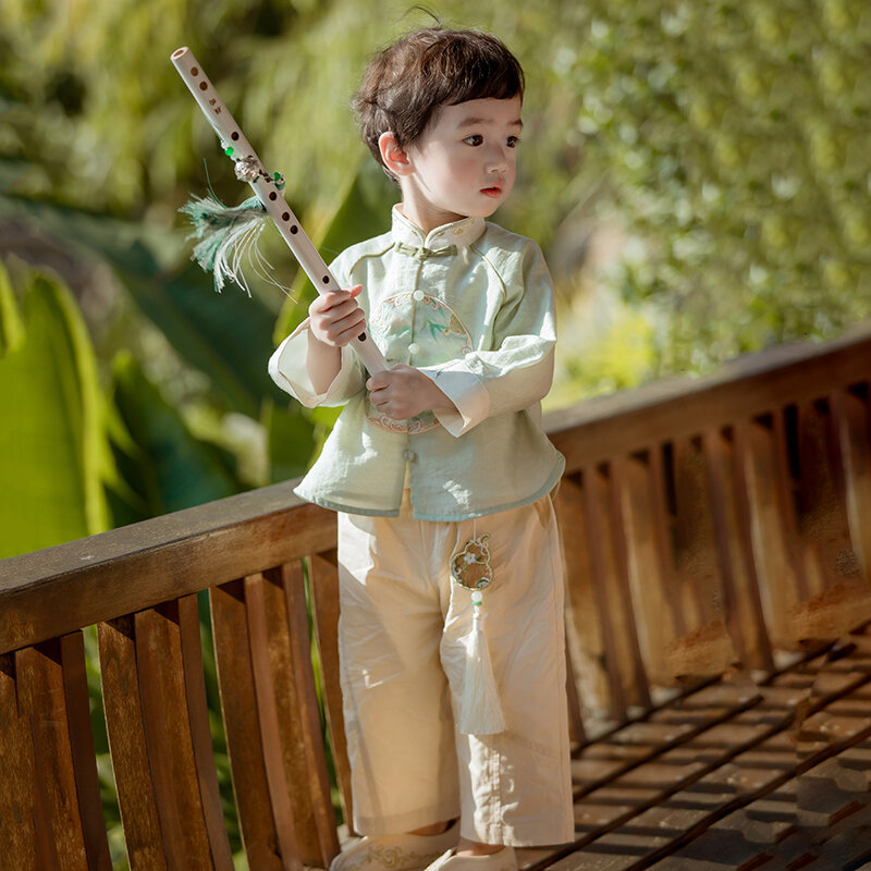 Conjunto de bordado estilo chinês do bebê, hanfu tradicional, roupa antiga do menino, primavera e outono