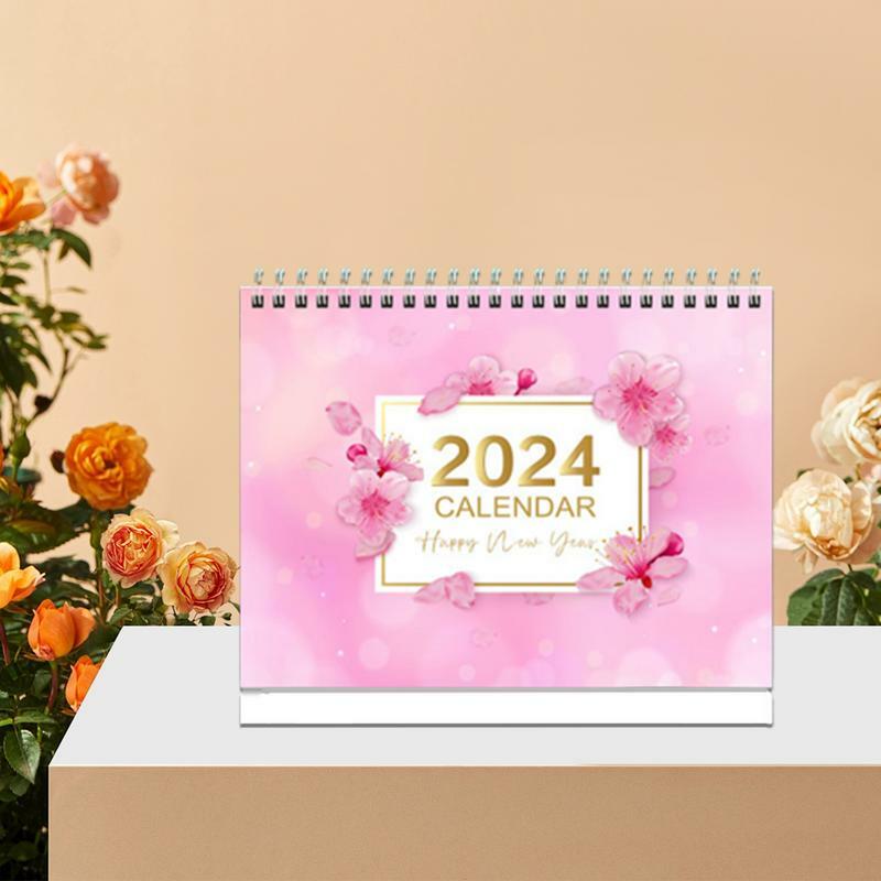 Espiral floral Stand Up Desk calendário, bonito decorativo portátil tabela calendário, 12 meses, 2024