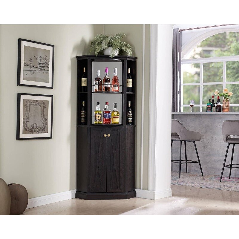 Versátil Canto Bar armário com armazenamento do vinho, altura ajustável prateleira, 6-Bottle Wine Rack, Stemware Rack para 6 copos, 68,5 pol