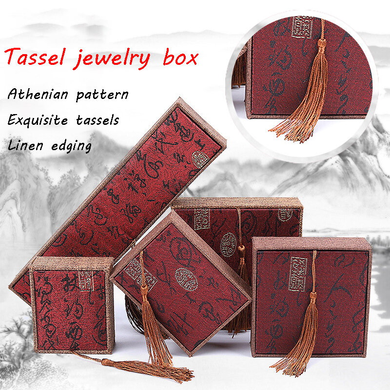Vintage Chinoiserie Calligraphy Linen Tassels Jewelry Box Antiquities Buddhist Beads Hand String Jade Ring Necklace Storage Box