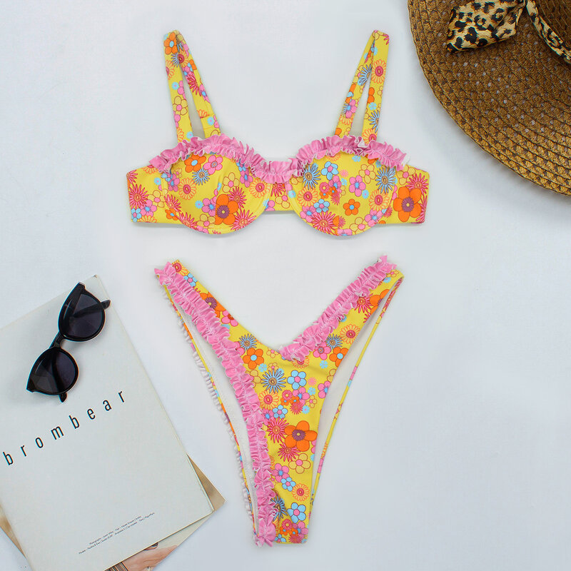 Bandeau z kwiatowym nadrukiem mikro bikini 2024 seksowne stringi damskie strój kąpielowy Push Up damski kostium kąpielowy pływanie letnie stroje plażowe