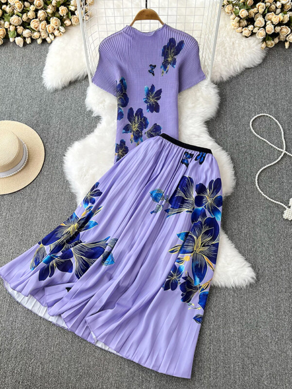Zomer Mode Bloem Rok Pak Vrouwen Stretch Colorblock Knit Top + Hoge Taille Bloemen Gedrukt Rok Vakantie Twee Stuk set