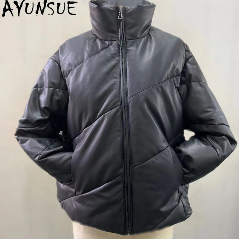 Ayuntue เสื้อแจ็คเก็ตหนังแท้สำหรับผู้หญิง, เสื้อโค้ทสั้น2023 MODE Korea คอปกตั้งเสื้อแจ็คเก็ตเสื้อคลุมฤดูหนาว
