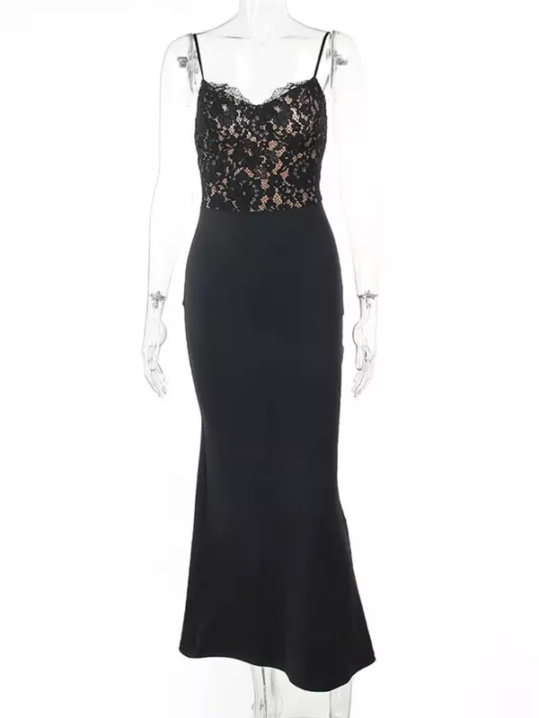 Elegant Lace Spaghetti Strap Bodycon Sexy Maxi Dress for Women Black Sleeveless Backless Club Party Sexy Long Dress