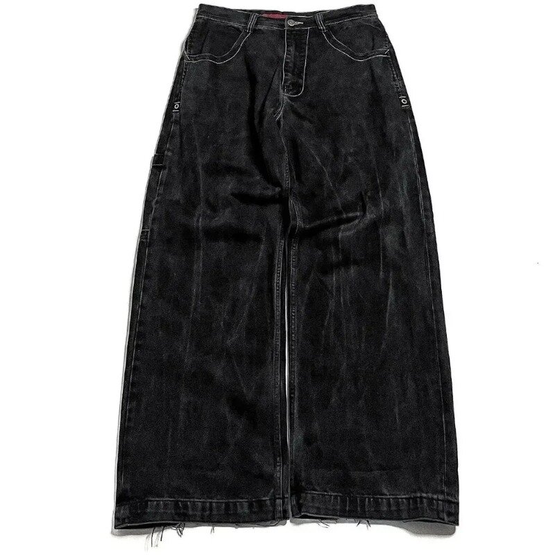 2024 JNCO Jeans Y2K Harajuku Retro Skull Pattern Embroidered Loose Jeans Black Pants Men's and Women's Gothic High Waist Pants