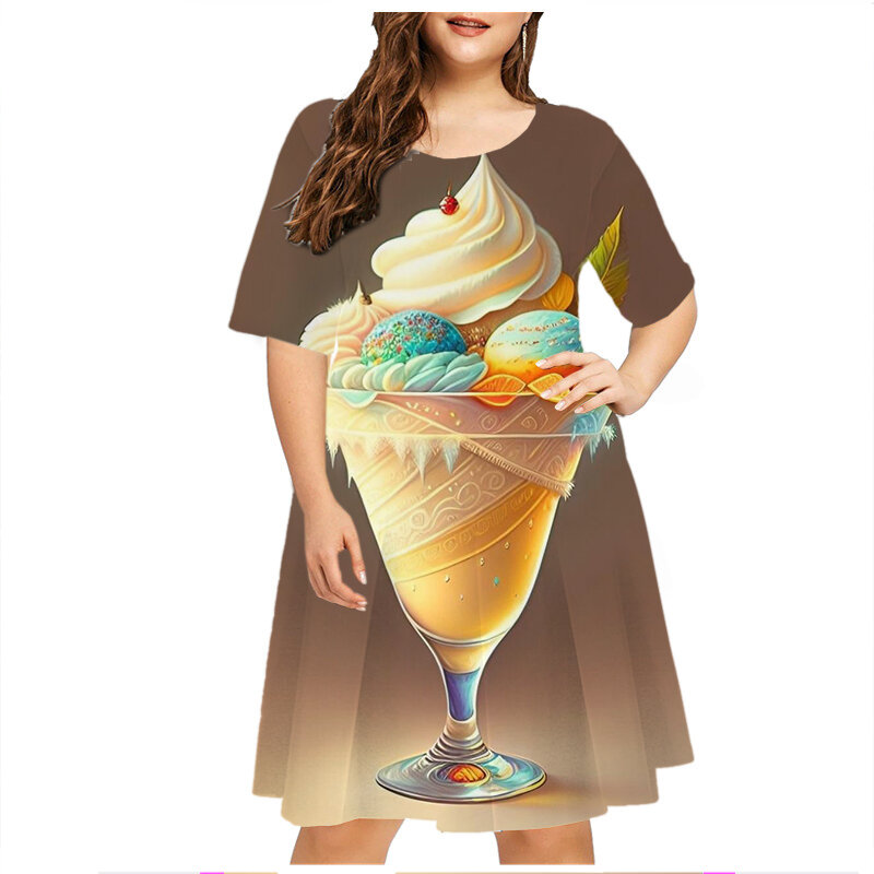 Robe d'été décontractée à imprimé floral crème glacée pour femmes, robe trapèze à manches courtes, vêtements de fête doux, mode d'été, grande taille, 6XL
