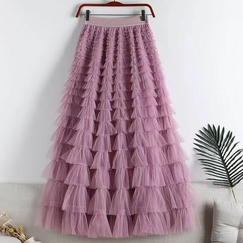 Летние женские юбки, элегантная каскадная трапециевидная длинная юбка, плиссированная сетчатая юбка с высокой талией, женские длинные юбки Q925