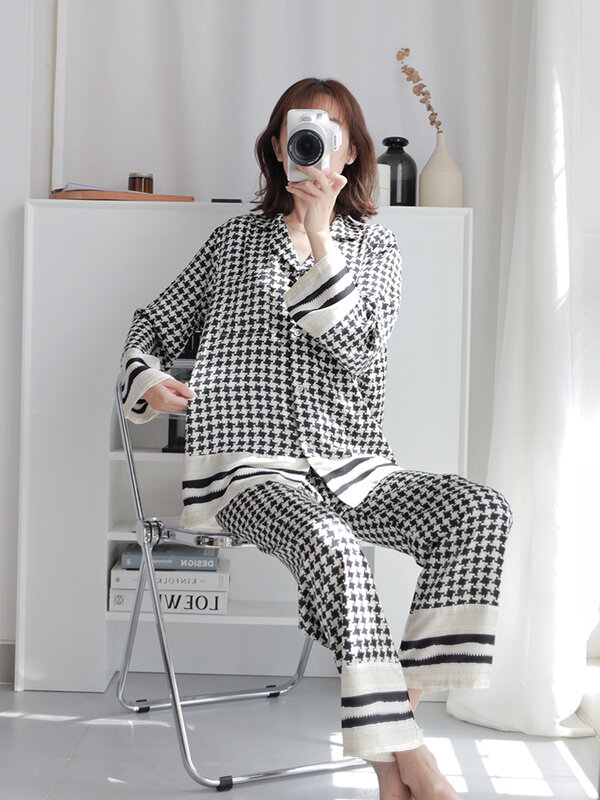 2023 Houndstooth Women's Pajamas Female Set Woman 2 Pieces Autumn Sleepwear Elegant Pijama Plaid Pyjamas Long Sleeve Loungewear