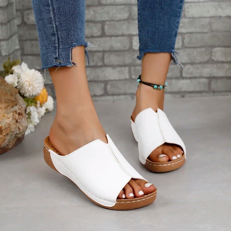 Comemore-Sandalias cómodas con hebilla para mujer, zapatos de cuña con punta abierta, color blanco, a la moda, para verano