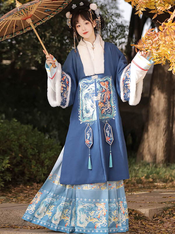 Warm Color Bright Collar Long Jacket Embroidery Winter Fleece Lining Thickened Daily Horse-Face Skirt