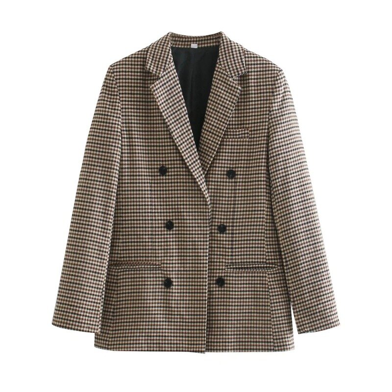 Blazer xadrez retrô estilo britânico para mulheres, comprimento médio simples, trespassado duplo, blazers de escritório casuais, terno feminino de viagem de trabalho