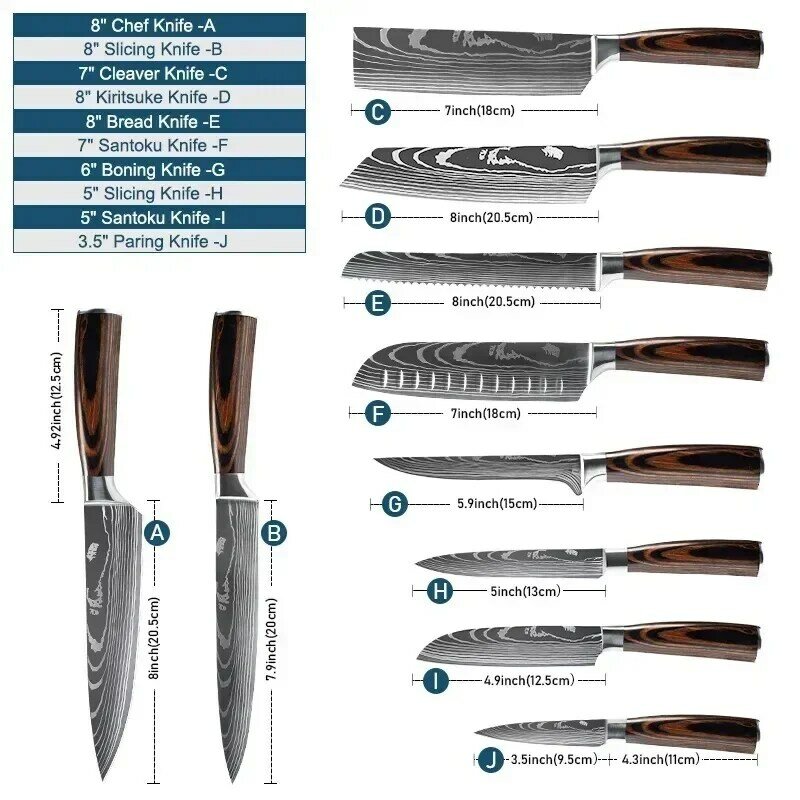 1-10 buah Set pisau dapur Set baja tahan karat 7CR17 440C Laser Damaskus pisau golok Santoku utilitas pisau koki