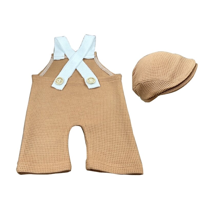 Conjunto elegante pantalones y sombrero con tirantes para bebé recién nacido, pantalones con tirantes en espalda, traje y
