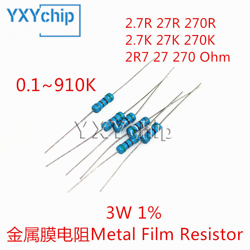 10pcs 3W Metal Film Resistor 2.7R 27R 270R 2.7K 27K 270K 2R7 27 270 Ohm Accuracy 1% Five-Color Ring Resistance 0.1R-910K